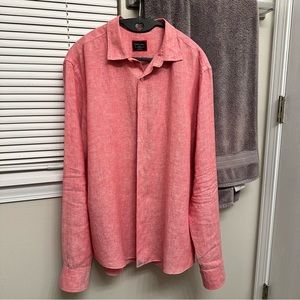 UNTUCKit Linen Shirt Men Large Pink/Coral SLIM Fit Long Sleeve EUC!!  Price firm